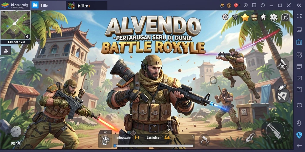Tangkapan layar utama ALVENDO menampilkan pertarungan sengit dalam arena Battle Royale.