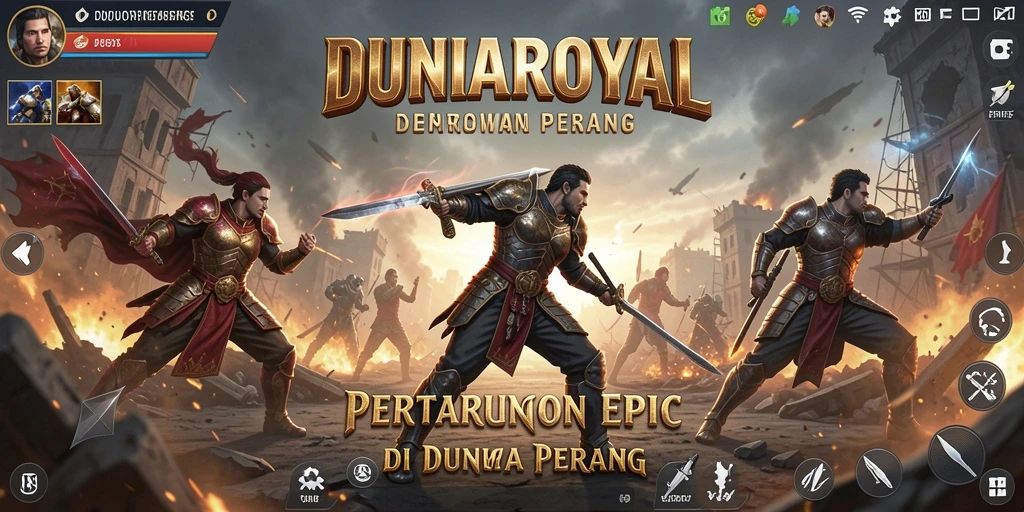 Screenshot gameplay DUNIAROYAL menampilkan pertarungan epik dan karakter yang beragam.