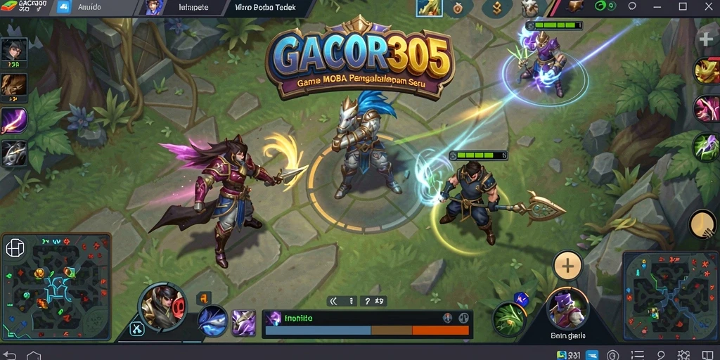 Screenshot gameplay GACOR305 menampilkan aksi pertempuran seru di arena MOBA.
