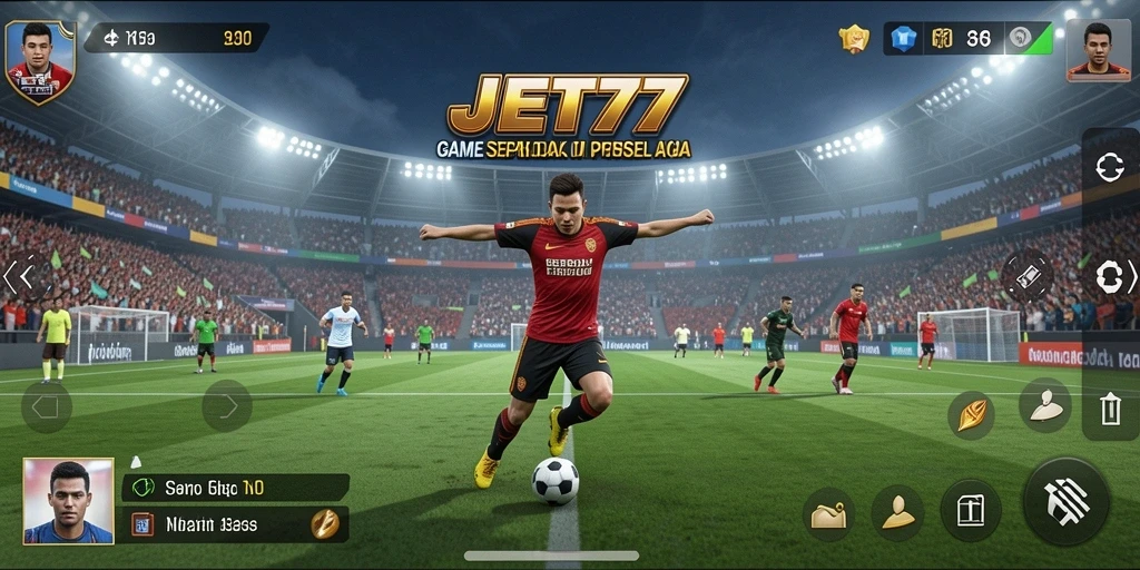 Screenshot JET77 menampilkan momen seru di lapangan sepak bola.