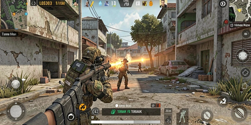 Screenshot menunjukkan aksi tembak-menembak intens dalam game FPS.