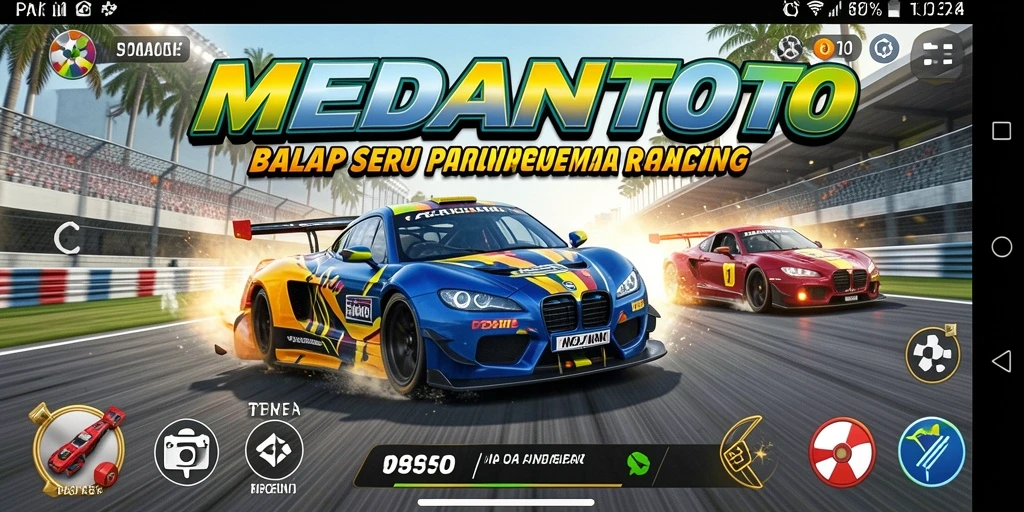 Tangkapan layar gameplay MEDANTOTO dengan mobil balap di lintasan.
