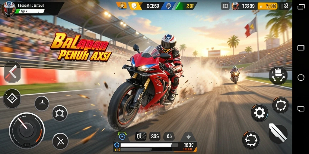 Tampilan gameplay OCE69 yang seru dan menegangkan dalam balapan motor.