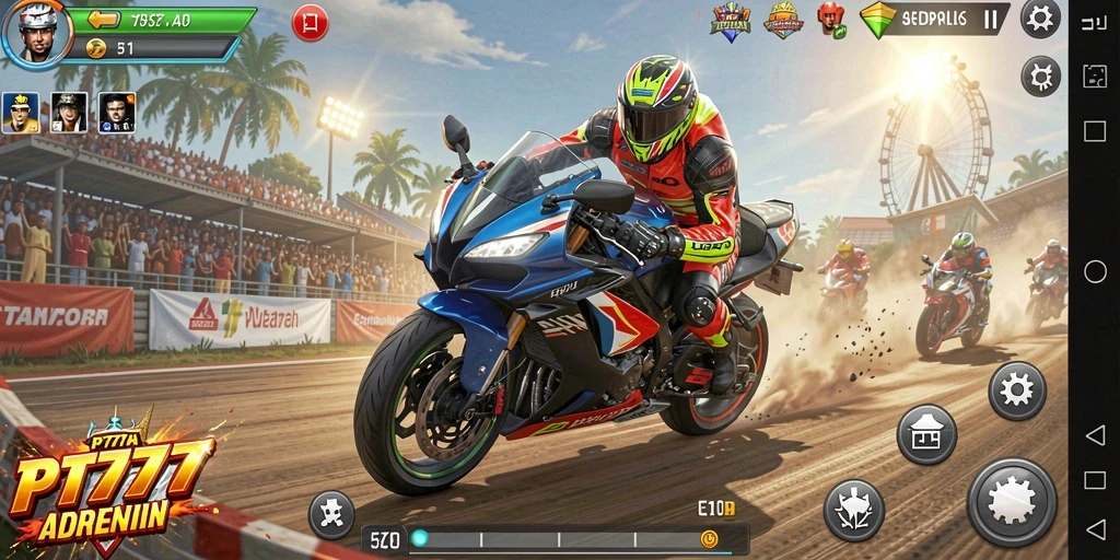 Tampilan gameplay seru dari PT777 saat balapan motor.