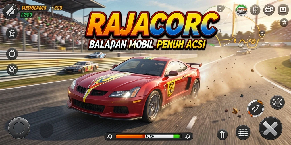Screenshot gameplay RAJACORC menunjukkan aksi balapan yang mendebarkan.