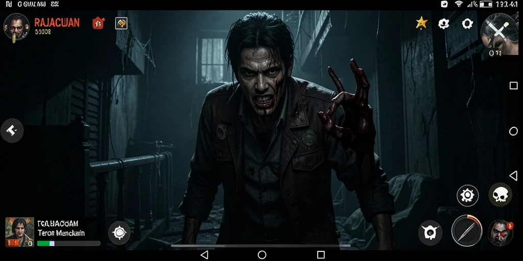 Tampilan gameplay RAJACUAN yang menegangkan dan mencekam.