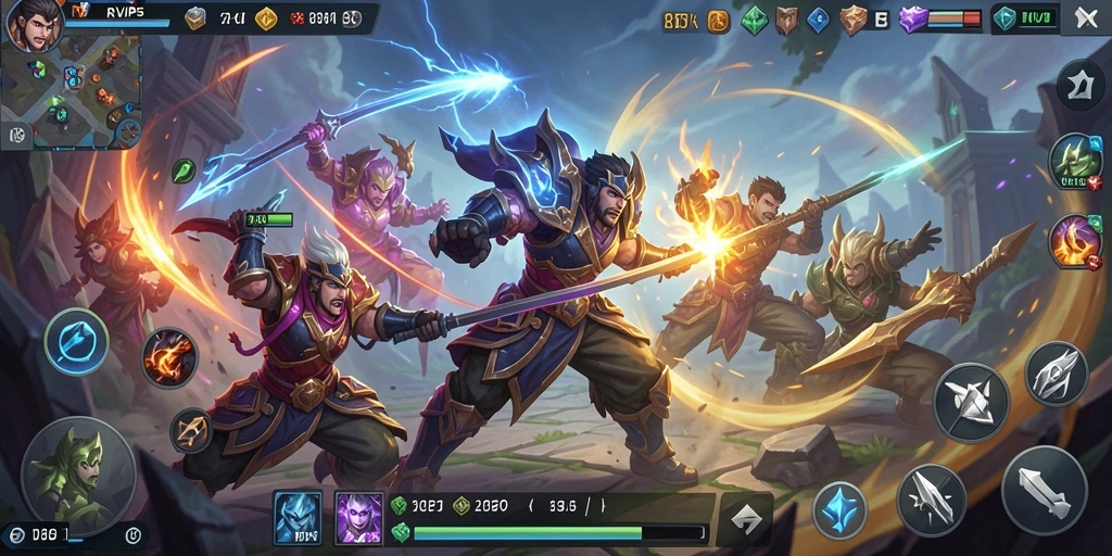 Screenshot utama RVIP5 menampilkan aksi seru dalam pertempuran MOBA.
