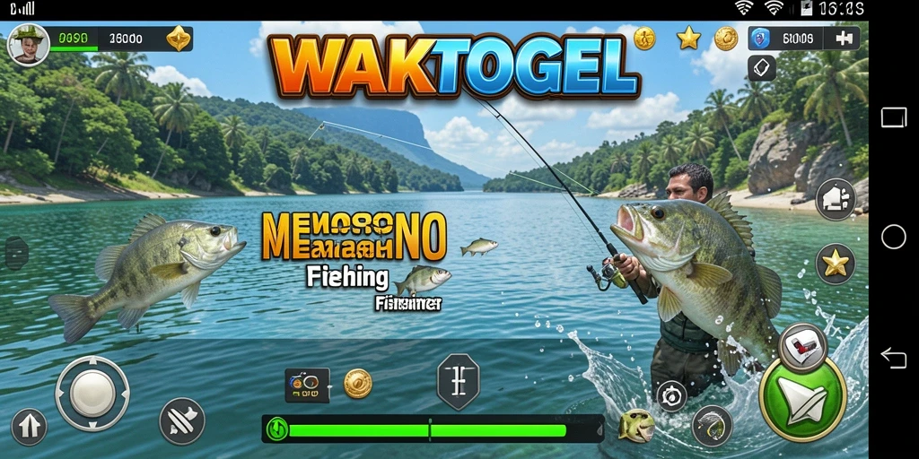 Tampilan gameplay WAKTOGEL saat memancing di lautan yang indah.